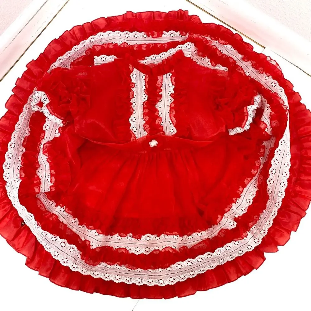 Vintage Girls Red Nylon Chiffon Dress Lace Puff Sleeve Holiday Christmas Size 6